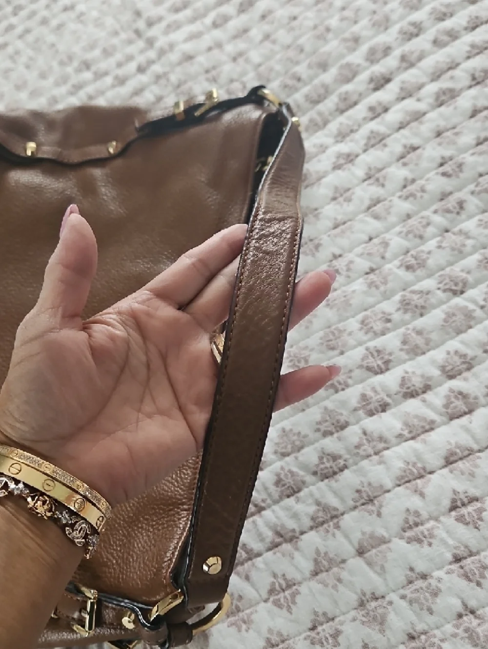 Michael Kors Cognac Pebbled Leather Hobo with Gold Logo Charm - Picture 10 of 14